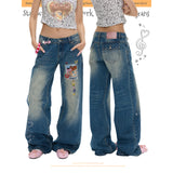 BETWEENAND Summer Star Polka Dot Patchwork Retro Slim-Fit Washed Blue Jeans