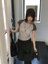 Zver ナグランカラーコンビネーションシースルー半袖Tシャツ