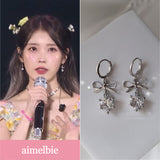 [IU Piercing] Dainty Heart Crystal and Ribbon Huggies Piercing - Silver Color