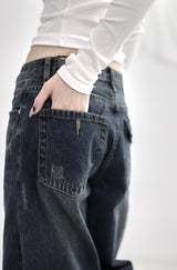 Cuffed cat washing denim pants