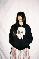 Kawaii Skull Damage Hoodie Zip-up - Black Flower   