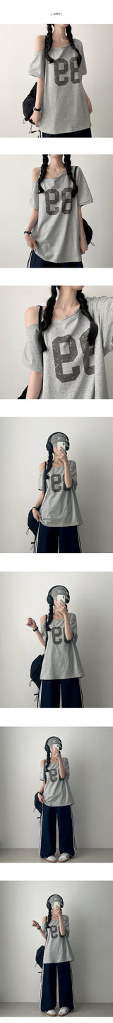 Lillit Numbering Unbalanced オフショルダー半袖Tシャツ