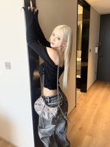 シルバーコーティングデニムロウワイドパンツ