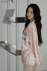 satin pink V-neck block core sweatshirt