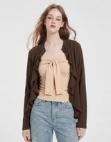 [2PCS] Elly Ruffle Bolero Tie-Detail Tube Top Set Brown Beige