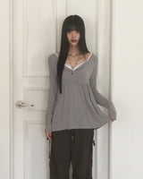 Hoshi-ve button Shirring Layered Long Sleeve T-shirt