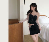 [ pink line ] cheer-satin sleeveless top + strap mini sk