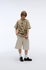 Sound wave artwork damage washing T-shirt (Beige)