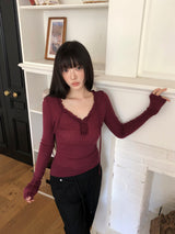 Chena Frill-Neck Long-Sleeve T-Shirt