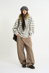 Stripe fur crop hood zip-up