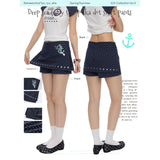 BETWEENAND “Deep-Sea Fairy Tale” Summer Navy Blue Polka-Dot Printed Skirt-Pants, Midi Skirt, and Shorts—Versatile and Slimming