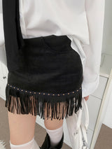Arven Western Fringe Suede Metal Studded Mini Skirt (2 colors)