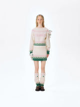 13DE MARZO Fair Isle Bear Off Shoulder Sweater Beige
