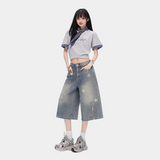 ヴィンテージスター プリントウォッシュド ワイドクロップドデニムパンツ