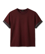 ロールスリーブクロップド半袖Tシャツ バーガンディ