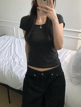 ノアストライプUネックTシャツ（3色）