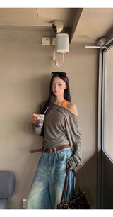 ルーズフィットオフショルダーレイヤードセットロングスリーブTシャツ