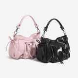 Pink Studded Biker Shoulder Bag with Multiple Pockets