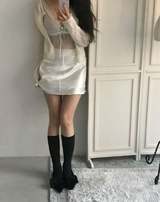 フェアドットレースリボンスリーブレストップス