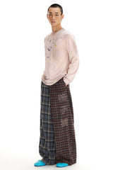 Retro elastic waistband comfortable casual and laid-back color-blocked straight-leg checkered pants
