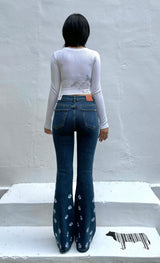 DARK BLUE EMBROIDERED SPANDEX BOOTCUT DENIM PANTS code 18315