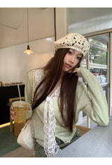 Mint green lace thin V-neck knitwear