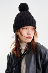 Pom pom twisted wool knit beanie
