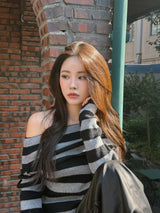 Star Stripe Off-Shoulder Long Sleeve Knitwear