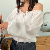 Peony Off-Shoulder Frill Summer Long Sleeve Blouse (3 colors)