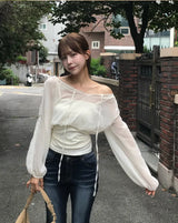 [ slit point ] forget-me-not long chiffon drape lose blouse