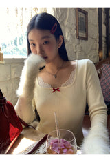 Mink Cuffs Square Neck Lace Long Sleeve T-shirt