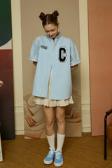 Navy C Patch Light Blue Denim short-sleeved Shirt [Unisex]