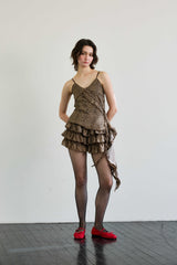 LEOPARD FRILL SLEEVELESS TOP / BROWN