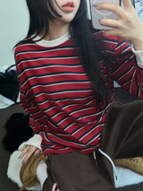 STRIPE OVER BOXY BOYFRIEND LONG SLEEVE T SHIRT ❤💚🩵🧸4COLOR