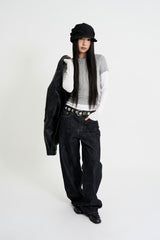 Curved leather overfit jacket