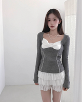 sheer white line heart-neck top