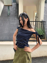アンバランスカラーオフショルダーストラップストライプTシャツ