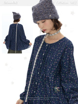 BETWEENAND オータム フローラル ランタンスリーブ ロングシャツワンピース