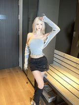 1206. 3 Belt hip denim mini sk (2color)