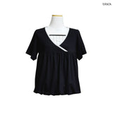 (2color) Lace Check Layered Neck Shirring Balloon Tee