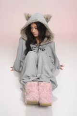 eat me plz* Cathy Cat Ear Fur Fleece Hoodie for Autumn-Winter Warmth Jacket