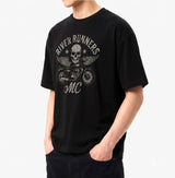 メンズコットン半袖クロップドTシャツ モーターサイクル ブラック