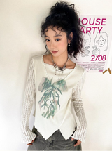 ワンショルダーVネックストライププリンティド長袖Tシャツ