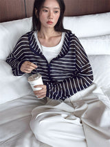 Relaxed Striped Double-Zip Hooded Knit Cardigan