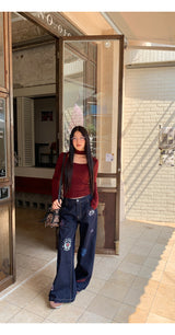 スタンプダークブルーストレートデニムパンツ