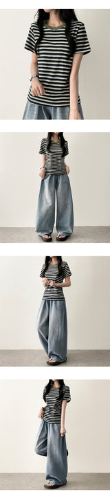 Rize waistbanding side pin tuck incision denim washed wide pants