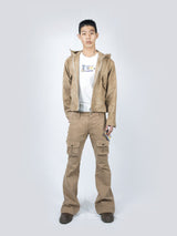 Curved Hood Leather Jacket (Beige)