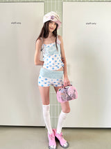 UnsocialNight 夏新作 オリジナル水玉柄プリント ニット切替 キャミソール 2点セット レディース