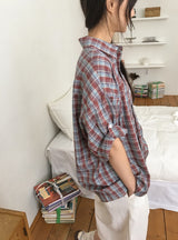 [unisex] カラニルチェックロールアップ半袖シャツ