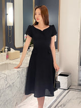 Sebit Heart-Neck Tulip Tweed Flared Long One Piece